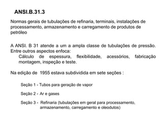 ANSI.B.31.3
Normas gerais de tubulações de refinaria, terminais, instalações de
processamento, armazenamento e carregamento de produtos de
petróleo
A ANSI. B 31 atende a um a ampla classe de tubulações de pressão.
Entre outros aspectos enfoca:
Cálculo de espessura, flexibilidade, acessórios, fabricação
montagem, inspeção e teste.
Na edição de 1955 estava subdividida em sete seções :
Seção 1 - Tubos para geração de vapor
Ar e gases
Seção 2 -
Seção 3 - Refinaria (tubulações em geral para processamento,
armazenamento, carregamento e oleodutos)
 