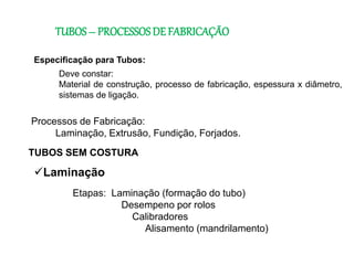 TUBOS– PROCESSOSDE FABRICAÇÃO
TUBOS SEM COSTURA
Processos de Fabricação:
Laminação, Extrusão, Fundição, Forjados.
Laminação
Etapas: Laminação (formação do tubo)
Desempeno por rolos
Calibradores
Alisamento (mandrilamento)
Especificação para Tubos:
Deve constar:
Material de construção, processo de fabricação, espessura x diâmetro,
sistemas de ligação.
 