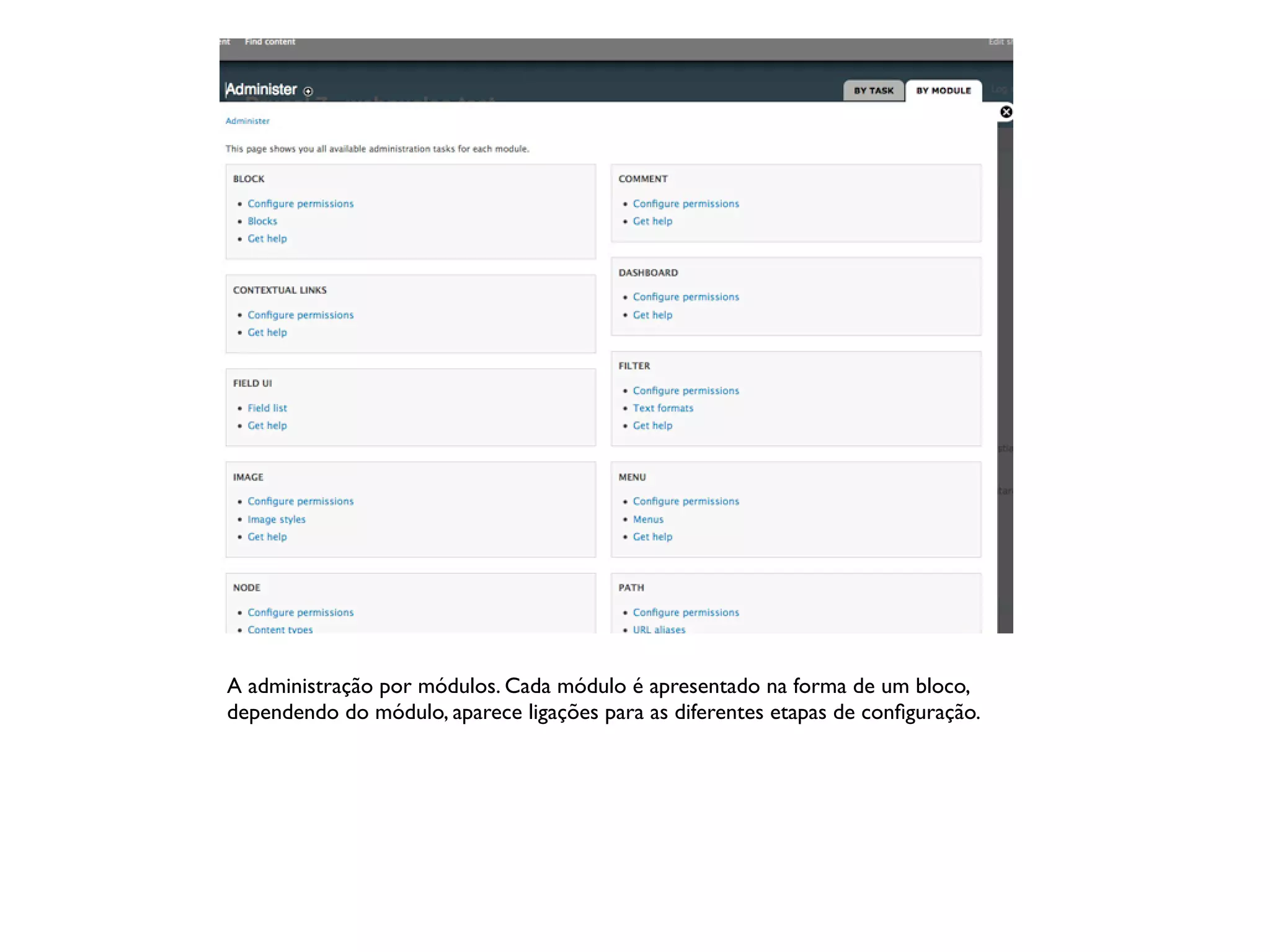 A administração por módulos. Cada módulo é apresentado na forma de um bloco,
dependendo do módulo, aparece ligações para as diferentes etapas de conﬁguração.
 