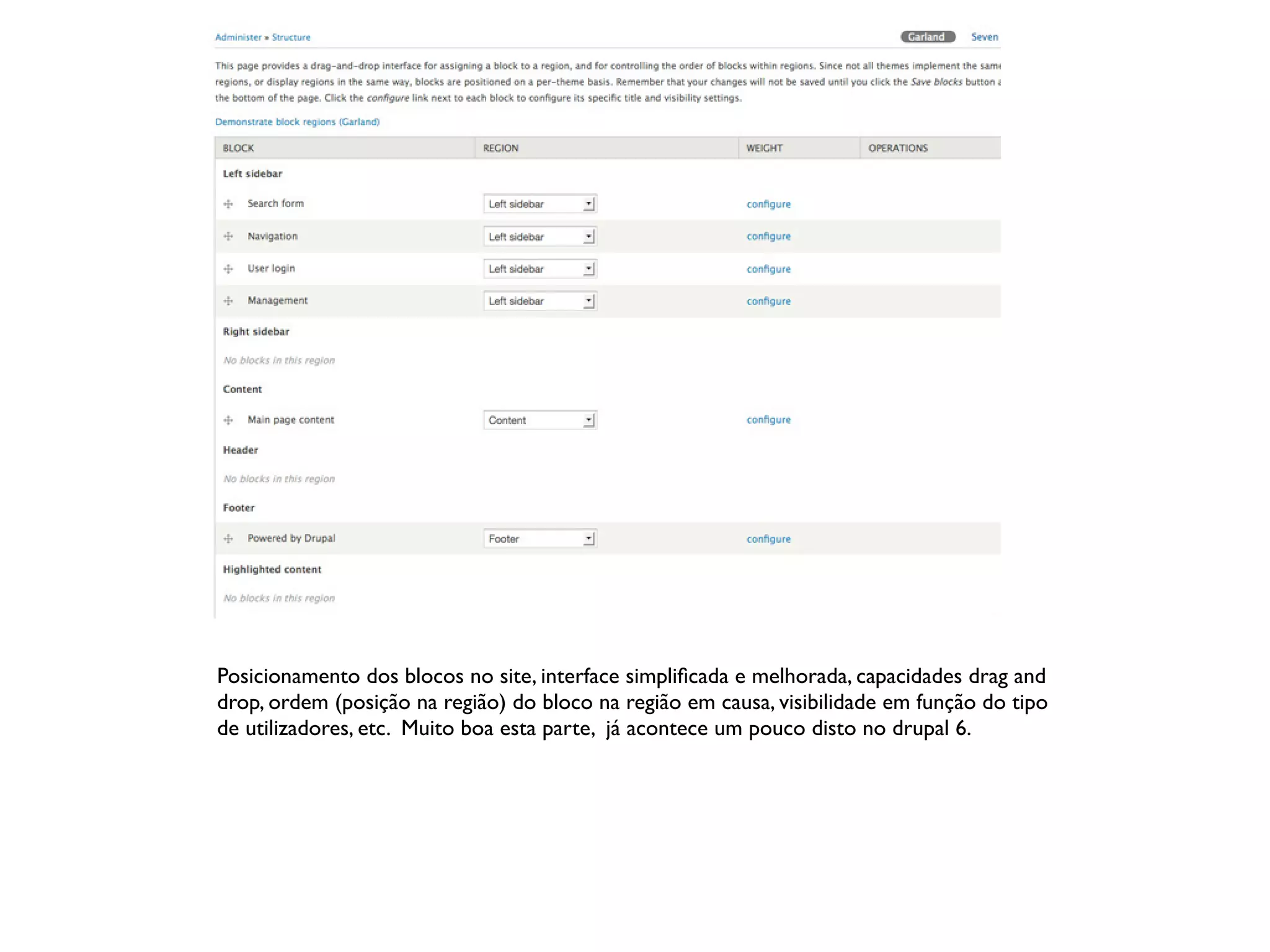 Posicionamento dos blocos no site, interface simpliﬁcada e melhorada, capacidades drag and
drop, ordem (posição na região) do bloco na região em causa, visibilidade em função do tipo
de utilizadores, etc. Muito boa esta parte, já acontece um pouco disto no drupal 6.
 