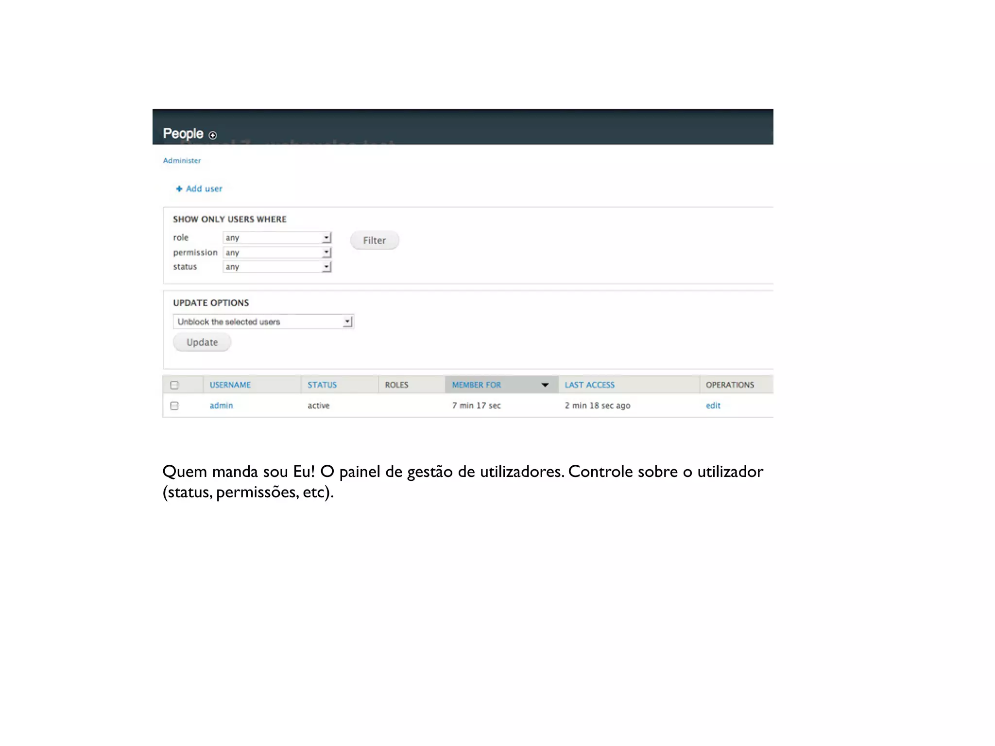 Quem manda sou Eu! O painel de gestão de utilizadores. Controle sobre o utilizador
(status, permissões, etc).
 