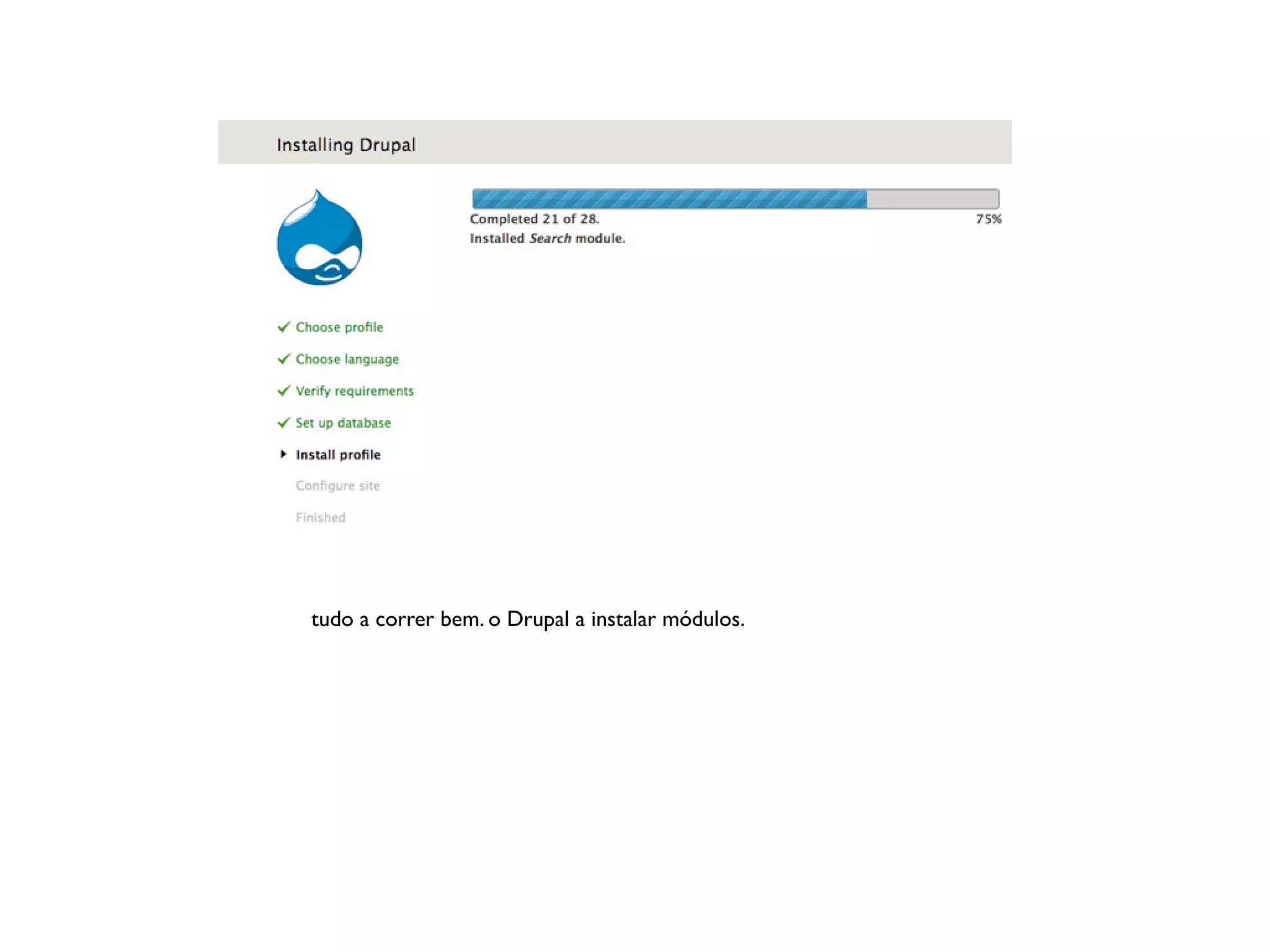 tudo a correr bem. o Drupal a instalar módulos.
 