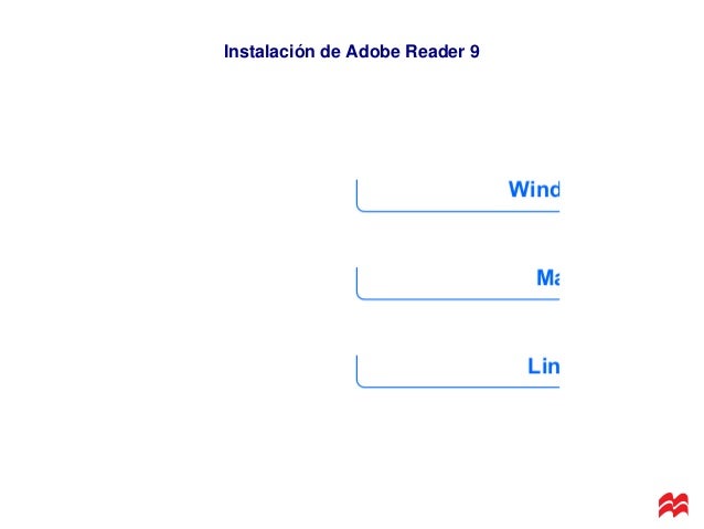 Instalación de Adobe Reader 9
Instalar Adobe Reader 9 para
Windows
Instalar Adobe Reader 9 para
Mac
Instalar Adobe Reader 9 para
Linux
 
