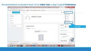 Para personalizarlo es necesario hacer clic en Admin User y elegir la opción Preferences
Clic aquí
 