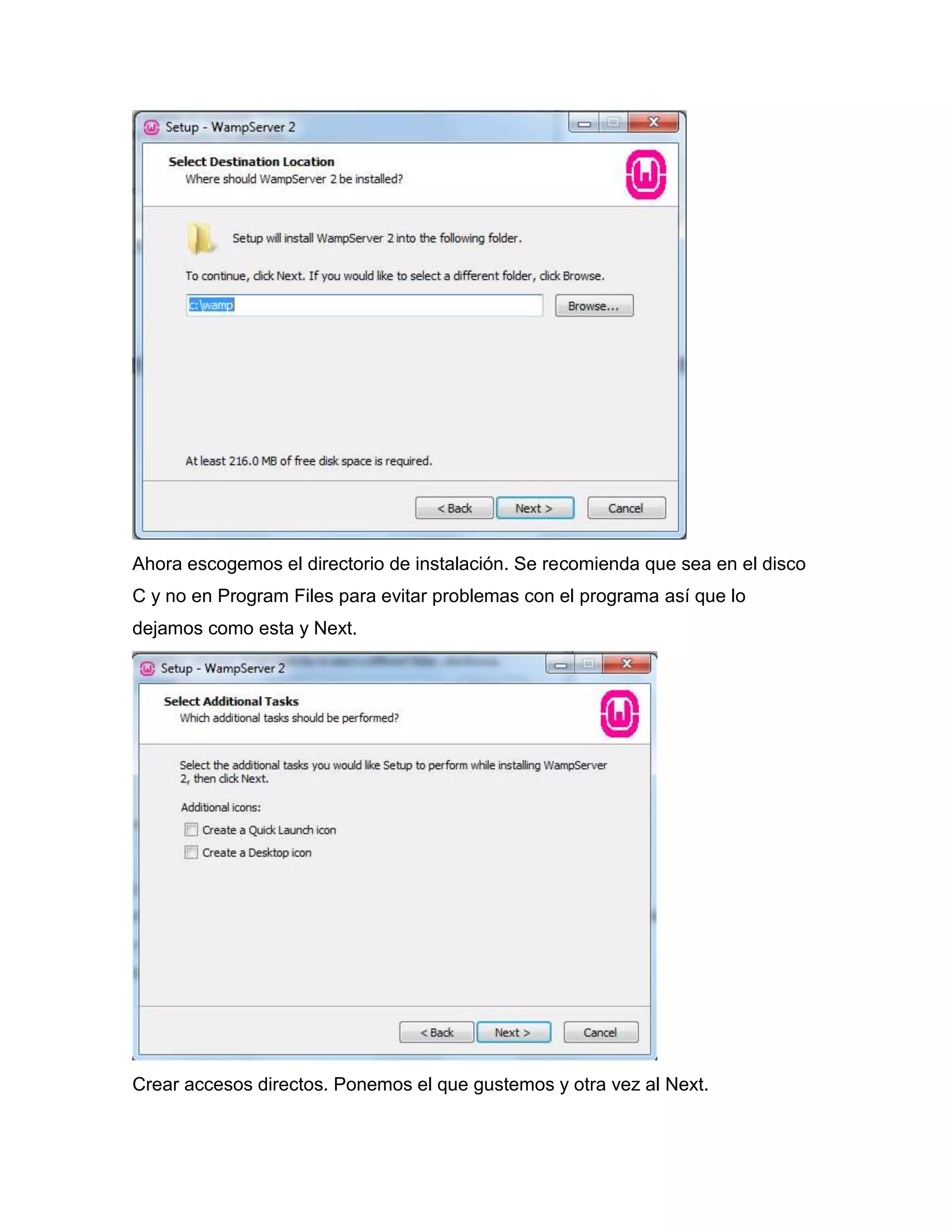 Ahora escogemos el directorio de instalación. Se recomienda que sea en el disco
C y no en Program Files para evitar problemas con el programa así que lo
dejamos como esta y Next.




Crear accesos directos. Ponemos el que gustemos y otra vez al Next.
 