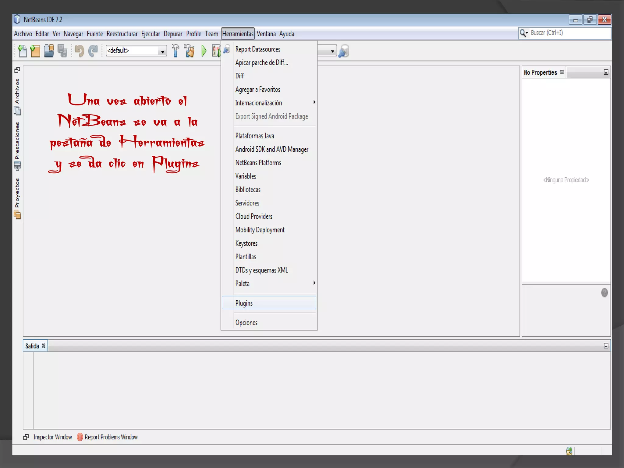 Una ves abierto el
 NetBeans se va a la
pestaña de Herramientas
 y se da clic en Plugins
 