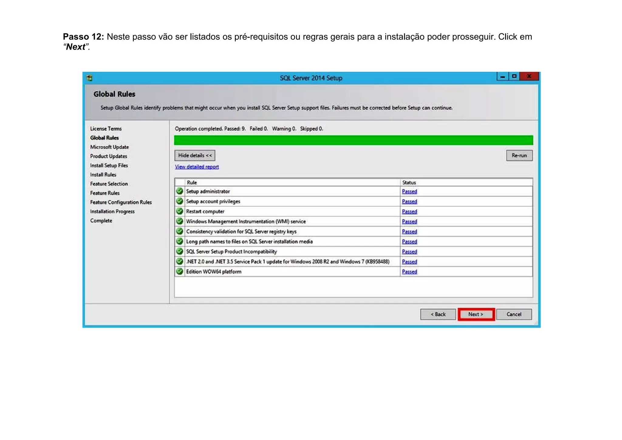 Passo 12: Neste passo vão ser listados os pré-requisitos ou regras gerais para a instalação poder prosseguir. Click em
“Next”.
 