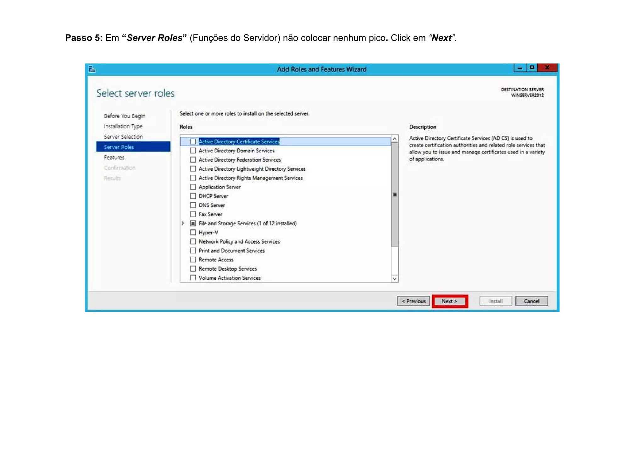 Passo 5: Em “Server Roles” (Funções do Servidor) não colocar nenhum pico. Click em “Next”.
 
