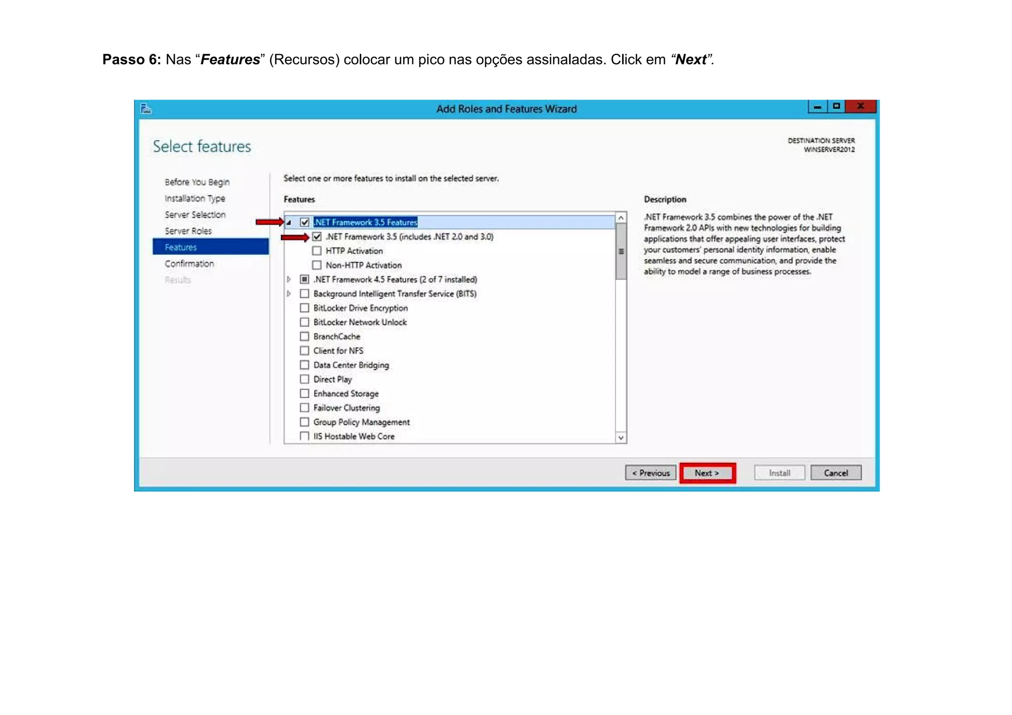 Passo 6: Nas “Features” (Recursos) colocar um pico nas opções assinaladas. Click em “Next”.
 