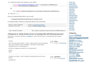 Written by Frédéric WAUQUIER
août 16th, 2012 at 3:32
Posted in Linux,Synology,Systeme
Tagged with DLNA, Synology, Twonky
« SQL : Reindex all tables SQL : Remove maintenance plan history from MSDB database »
Frederic
Your instructions were perfect – thanks – right up until I try to start twonky,
then I get a number of error messages. I am trying to install twonky-
kirkwood-special-7 on Synology 213+.
Any further suggestions would be much appreciated.
Thanks
Steve
Steve
24 déc 12 at 18 h 10 min
Il manque une étape : créer le répertoire /var/twonky/ avant de lancer
twonky
Cordialement
papstefoy
5 jan 13 at 1 h 51 min
13. Create the script to start Twonky on each reboot :
OR
14. That’s all… :=)
If you use Config File Editor Add-In, you can add
to Config File Editor config file to simply edit Twonky server parameters.
3 Responses to 'Setup Twonky Server on Synology NAS with Kirkwood processor'
Subscribe to comments with RSS or TrackBack to 'Setup Twonky Server on Synology NAS with Kirkwood
processor'.
juin 2013
février 2013
janvier 2013
décembre 2012
septembre 2012
août 2012
juillet 2012
mai 2012
février 2012
décembre 2011
novembre 2011
octobre 2011
septembre 2011
août 2011
juillet 2011
juin 2011
mai 2011
avril 2011
mars 2011
Catégories
Application CSharp
Developpement
DotNet Excel Frédéric
Internet Java Léo LinqToSql
Linux Loisirs Lucile
Marianne Marie Microsoft
Office Musique Non
classé Outlook
Personnel PowerShell
Serveur SharePoint
Foundation 2010
SpiceWorks SQL
Serveur Synology
Systeme TFS 2010
1 echo "/usr/local/twonkymedia/twonky.sh start" > /usr/syno/etc/rc.d/S99twonky.sh
2 chmod 700 /usr/syno/etc/rc.d/S99twonky.sh
1 ln -s /usr/local/twonkymedia/twonky.sh /usr/syno/etc/rc.d/extensions.d/S91twonky.sh
1 /var/twonky/TwonkyServer/twonkyserver.ini,twonky server
 