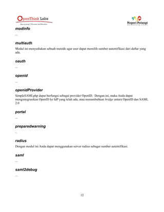 http://simplesamlphp.org/docs/stable/core:authproc_attributemap
• core:AttributeRealm: Membuat attribut dengan realm dari user.
http://simplesamlphp.org/docs/stable/core:authproc_attributerealm
• core:GenerateGroups: Menggenerate attribut group untuk
user.http://simplesamlphp.org/docs/stable/core:authproc_generategroups
• core:LanguageAdaptor: Mentransfer setingan bahasa dari IdP ke SP.
http://simplesamlphp.org/docs/stable/core:authproc_languageadaptor
• core:PHP: Memodifikasi attribut dengan kode PHP yang dibuat sendiri.
http://simplesamlphp.org/docs/stable/core:authproc_php
• core:ScopeAttribute: Menambahkan scope ke attribut.
http://simplesamlphp.org/docs/stable/core:authproc_scopeattribute
• core:ScopeFromAttribute: Membuat attribut baru yang berdasarkan pada scope pada attribut
yang berbeda. http://simplesamlphp.org/docs/stable/core:authproc_scopefromattribute
• core:StatisticsWithAttribute: Membuat statistic logentry.
http://simplesamlphp.org/docs/stable/core:authproc_statisticswithattribute
• core:TargetedID: Menggenerate attribute eduPersonTargetedID.
http://simplesamlphp.org/docs/stable/core:authproc_targetedid
• core:WarnShortSSOInterval: Memberikan peringatan jika user log in ke SP yang sama dalam
selang beberapa detik. http://simplesamlphp.org/docs/stable/core:authproc_warnshortssointerval
cron
...
discojuice
...
discopower
...
exampleattributeserver
...
exampleauth
...
12
 