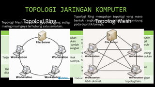 Keuntungan Kerugian
Data mengalir dalam satu arah
sehingga terjadinya collision
dapat dihindarkan.
Apabila ada satu computer
dalam ring yang gagal
berfungsi, mempengaruhi
semua jaringan.
Aliran data mengalir lebih
cepat karena dapat melayani
data dari kiri atau kanan.
Menambah atau mengurangi
computer akan mengacaukan
jaringan
Dapat melayani aliran lalu
lintas data yang padat.
Sulit untuk melakukan
konfigurasi ulang
Waktu untuk mengakeses data
lebih oktimal.
Lebih lambat dibandingkan
topologi lain.
Keuntungan Kerugian
Fault Tolerance
Sulitnya pada melakukan
instalasi dan melakukan
konfigurasi ulang saat jumlah
computer semakin meningkat
jumlahnya.
Terjaminnya kapasitas channel
komunikasi.
Biaya yang besar untuk
memelihara dan membuatnya.
Relatif lebih mudah untuk
dilakukannya troubleshoot.
Topologi Mesh merupakan topologi yang setiap
masing-masingnya terhubung satu sama lain.
Topologi Ring merupakan topologi yang mana
bentuk rangkainnya masing-masing tersambung
pada dua titik lainnya.
Topologi Ring Topologi Mesh
TOPOLOGI JARINGAN KOMPUTER
 
