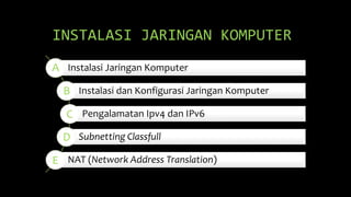 Instalasi Jaringan Komputer
Instalasi dan Konfigurasi Jaringan Komputer
Pengalamatan Ipv4 dan IPv6
Subnetting Classfull
NAT (Network Address Translation)
INSTALASI JARINGAN KOMPUTER
A
B
C
D
E
 