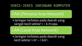 PAN (Personal Area Network)
•Jaringan terbatas pada daerah yang
sangat kecil sekitar 1 – 6 msaja.
LAN (Local Area Network)
•Jaringan terbatas pada daerah yang
kecil sekitar 1 m2 – 1 km2.
JENIS-JENIS JARINGAN KOMPUTER
 