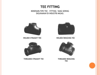 TEE FITTING
BEBERAPA TIPE TEE – FITTING YANG SERING
DIGUNAKAN DI INDUSTRI MIGAS:
WELDED STRAIGHT TEE WELDED REDUCING TEE
THREADED STRAIGHT TEE THREADED REDUCING
TEE
 