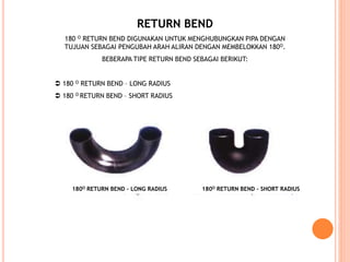 RETURN BEND
180 O RETURN BEND DIGUNAKAN UNTUK MENGHUBUNGKAN PIPA DENGAN
TUJUAN SEBAGAI PENGUBAH ARAH ALIRAN DENGAN MEMBELOKKAN 180O.
BEBERAPA TIPE RETURN BEND SEBAGAI BERIKUT:
 180 O RETURN BEND – LONG RADIUS
 180 O RETURN BEND – SHORT RADIUS
180O RETURN BEND – LONG RADIUS 180O RETURN BEND – SHORT RADIUS
 