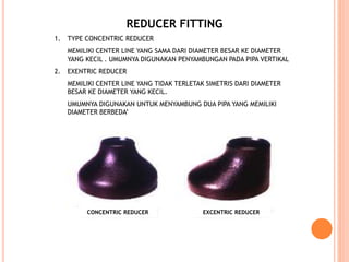 REDUCER FITTING
1. TYPE CONCENTRIC REDUCER
MEMILIKI CENTER LINE YANG SAMA DARI DIAMETER BESAR KE DIAMETER
YANG KECIL . UMUMNYA DIGUNAKAN PENYAMBUNGAN PADA PIPA VERTIKAL
2. EXENTRIC REDUCER
MEMILIKI CENTER LINE YANG TIDAK TERLETAK SIMETRIS DARI DIAMETER
BESAR KE DIAMETER YANG KECIL.
UMUMNYA DIGUNAKAN UNTUK MENYAMBUNG DUA PIPA YANG MEMILIKI
DIAMETER BERBEDA’
CONCENTRIC REDUCER EXCENTRIC REDUCER
 