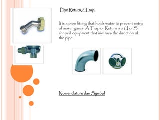 Pipe Return / Trap:
It is a pipe fitting that holds water to prevent entry
of sewer gases. A Trap or Return is a U or S
shaped equipment that inverses the direction of
the pipe
Nomenclature dan Symbol
 