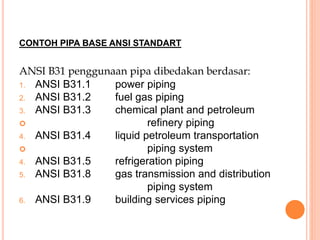 ANSI B31 penggunaan pipa dibedakan berdasar:
1. ANSI B31.1 power piping
2. ANSI B31.2 fuel gas piping
3. ANSI B31.3 chemical plant and petroleum
 refinery piping
4. ANSI B31.4 liquid petroleum transportation
 piping system
4. ANSI B31.5 refrigeration piping
5. ANSI B31.8 gas transmission and distribution
piping system
6. ANSI B31.9 building services piping
CONTOH PIPA BASE ANSI STANDART
 