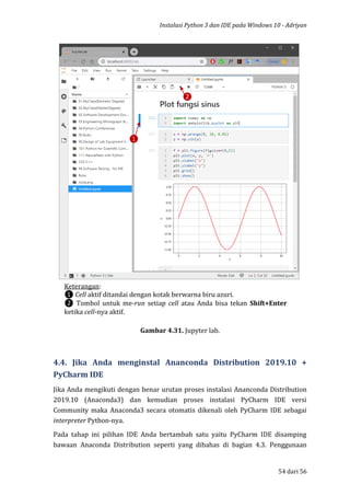 Instalasi Python 3 dan IDE pada Windows 10 - Adriyan
54 dari 56
Gambar 4.31. Jupyter lab.
4.4. Jika Anda menginstal Ananconda Distribution 2019.10 +
PyCharm IDE
Jika Anda mengikuti dengan benar urutan proses instalasi Ananconda Distribution
2019.10 (Anaconda3) dan kemudian proses instalasi PyCharm IDE versi
Community maka Anaconda3 secara otomatis dikenali oleh PyCharm IDE sebagai
interpreter Python-nya.
Pada tahap ini pilihan IDE Anda bertambah satu yaitu PyCharm IDE disamping
bawaan Anaconda Distribution seperti yang dibahas di bagian 4.3. Penggunaan
Keterangan:
❶ Cell aktif ditandai dengan kotak berwarna biru azuri.
❷ Tombol untuk me-run setiap cell atau Anda bisa tekan Shift+Enter
ketika cell-nya aktif.
❶
❷
 