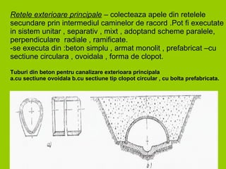 R etele exterioare principale  – colecteaza apele din retelele secundare prin intermediul caminelor de racord .Pot fi executate in sistem unitar , separativ , mixt , adoptand scheme paralele, perpendiculare  radiale , ramificate. -se executa din :beton simplu , armat monolit , prefabricat –cu sectiune circulara , ovoidala , forma de clopot. Tuburi din beton pentru canalizare exterioara principala a.cu sectiune ovoidala b.cu sectiune tip clopot circular , cu bolta prefabricata. 