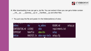  After downloading it we can get a .zip file. You can extract it then you can get a folder contain
__init__.py , __openerp__.py or __manifest__.py and other files.
 You just copy the file and paste it in the folder(addons) of odoo.
 