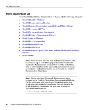 Documentation Types



Online Documentation Set
                   Your Oracle8i Client Online Documentation is divided into the following categories:
                   s    Oracle8i Client for Windows
                   s    Oracle8i Documentation Addendum
                   s    Oracle8i Generic Documentation Master Index and Master Glossary
                   s    Oracle8i Server and SQL*Plus
                   s    Oracle8i Server Application Development
                   s    Oracle8i Directory, Networking, and Security
                   s    Oracle Enterprise Manager
                   s    Oracle8i Java Documentation
                   s    Oracle8i Integration Server
                   s    Oracle8i Parallel Server
                   s    Oracle8i interMedia, Spatial, Time Series, and Visual Information Retrieval
                        Options
                   s    Oracle WebDB


                             Note: Some manuals have not been updated for this release. The
                             header at the top of each HTML page indicates the most recent
                             revision for that document. An asterisk (*) by a title in the HTML
                             table of contents indicates that a manual is from an earlier release
                             and that some updated information can be found in the Oracle8i
                             Documentation Addendum.



                             Note: Oracle Migration Workbench documentation is not
                             included on the Oracle8i Client Online Documentation CD-ROM.
                             The documentation is included in the OMWB directory after
                             Oracle Migration Workbench installation. You can also visit the
                             Oracle Technology Network for the latest Oracle Migration
                             Workbench documentation:
                             http://technet.oracle.com/




F-4   Oracle8i Client Installation Guide for Windows
 