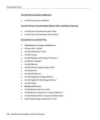 Documentation Types



                   Oracle8i Documentation Addendum

                   s    Oracle8i Documentation Addendum


                   Oracle8i Generic Documentation Master Index and Master Glossary

                   s    Oracle8i Generic Documentation Master Index
                   s    Oracle8i Generic Documentation Master Glossary


                   Oracle8i Server and SQL*Plus

                   1.   Administration, Concepts, and Reference
                   s    Getting to Know Oracle8i
                   s    Oracle8i Administrator’s Guide
                   s    Oracle8i Concepts
                   s    Oracle8i Designing and Tuning for Performance *
                   s    Oracle8i Error Messages *
                   s    Oracle8i Migration
                   s    Oracle8i National Language Support Guide *
                   s    Oracle8i Reference
                   s    Oracle8i SQL Reference *
                   s    Oracle8i Supplied Java Packages Reference
                   s    Oracle8i Supplied PL/SQL Packages Reference *
                   s    Oracle8i Utilities
                   2.   Backup and Recovery
                   s    Oracle8i Backup and Recovery Guide
                   s    Oracle8i Recovery Manager User’s Guide and Reference *
                   s    Oracle8i Standby Database Concepts and Administration *
                   s    Legato Storage Manager Administrator’s Guide




F-6   Oracle8i Client Installation Guide for Windows
 