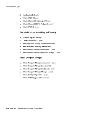 Documentation Types



                   3.   Application Reference
                   s    Oracle8i SQL Reference
                   s    Oracle8i Supplied Java Packages Reference
                   s    Oracle8i Supplied PL/SQL Packages Reference *
                   s    Oracle8i XML Reference


                   Oracle8i Directory, Networking, and Security

                   1.   Networking and Security
                   s     Net8 Administrator’s Guide *
                   s    Oracle Advanced Security Administrator’s Guide
                   2.   Oracle Internet Directory, Release 2.1.1
                   s    Oracle Internet Directory Administrator’s Guide
                   s    Oracle Internet Directory Application Developer’s Guide


                   Oracle Enterprise Manager

                   s    Oracle Enterprise Manager Administrator’s Guide
                   s    Oracle Enterprise Manager Concepts Guide
                   s    Oracle Enterprise Manager Configuration Guide
                   s    Oracle Enterprise Manager Messages Manual
                   s    Oracle Intelligent Agent User’s Guide
                   s    Oracle SNMP Support Reference Guide




F-8   Oracle8i Client Installation Guide for Windows
 