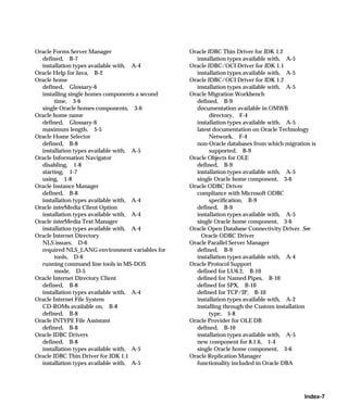 Oracle Forms Server Manager                     Oracle JDBC Thin Driver for JDK 1.2
  defined, B-7                                    installation types available with, A-5
  installation types available with, A-4        Oracle JDBC/OCI Driver for JDK 1.1
Oracle Help for Java, B-2                         installation types available with, A-5
Oracle home                                     Oracle JDBC/OCI Driver for JDK 1.2
  defined, Glossary-6                             installation types available with, A-5
  installing single homes components a second   Oracle Migration Workbench
        time, 3-6                                 defined, B-9
  single Oracle homes components, 3-6             documentation available in OMWB
Oracle home name                                        directory, F-4
  defined, Glossary-6                             installation types available with, A-5
  maximum length, 5-5                             latest documentation on Oracle Technology
Oracle Home Selector                                    Network, F-4
  defined, B-8                                    non-Oracle databases from which migration is
  installation types available with, A-5                supported, B-9
Oracle Information Navigator                    Oracle Objects for OLE
  disabling, 1-8                                  defined, B-9
  starting, 1-7                                   installation types available with, A-5
  using, 1-8                                      single Oracle home component, 3-6
Oracle Instance Manager                         Oracle ODBC Driver
  defined, B-8                                    compliance with Microsoft ODBC
  installation types available with, A-4                specification, B-9
Oracle interMedia Client Option                   defined, B-9
  installation types available with, A-4          installation types available with, A-5
Oracle interMedia Text Manager                    single Oracle home component, 3-6
  installation types available with, A-4        Oracle Open Database Connectivity Driver. See
Oracle Internet Directory                           Oracle ODBC Driver
  NLS issues, D-6                               Oracle Parallel Server Manager
  required NLS_LANG environment variables for     defined, B-9
        tools, D-6                                installation types available with, A-4
  running command line tools in MS-DOS          Oracle Protocol Support
        mode, D-5                                 defined for LU6.2, B-10
Oracle Internet Directory Client                  defined for Named Pipes, B-10
  defined, B-8                                    defined for SPX, B-10
  installation types available with, A-4          defined for TCP/IP, B-10
Oracle Internet File System                       installation types available with, A-2
  CD-ROMs available on, B-8                       installing through the Custom installation
  defined, B-8                                          type, 5-8
Oracle INTYPE File Assistant                    Oracle Provider for OLE DB
  defined, B-8                                    defined, B-10
Oracle JDBC Drivers                               installation types available with, A-5
  defined, B-8                                    new component for 8.1.6, 1-4
  installation types available with, A-5          single Oracle home component, 3-6
Oracle JDBC Thin Driver for JDK 1.1             Oracle Replication Manager
  installation types available with, A-5          functionality included in Oracle DBA




                                                                                         Index-7
 