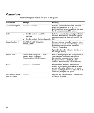 Conventions
                      The following conventions are used in this guide:

Convention                Example                                   Meaning
All uppercase plain       C:ORACLEORA81                           Indicates command names, SQL reserved
                                                                    words, and keywords, as in ALTER
                                                                    DATABASE. All uppercase plain is also used
                                                                    for directory names and file names.
Italic                    s   Used to indicate a variable:           Indicates a value that you must provide. For
                                                                     example, if a command asks you to type file
                              file name
                                                                     name, you must type the actual name of the
                          s   Used to indicate the title of a guide. file.
Square brackets [ ]       X:[PATHNAME]ORACLE                     Encloses optional items. For example, when
                          HOME_NAME                                 you create an Oracle home directory, you can
                                                                    place an optional pathname before the
                                                                    ORACLE pathname.
                                                                    Square brackets also indicate a function key,
                                                                    for example [Enter].
Choose Start >            Choose Start > Programs > Oracle -        How to start a program. For example, to start
                          HOME_NAME > Network                       Net8 Assistant, you must click the Start
                          Administration > Net8 Assistant           button on the taskbar and then choose
                                                                    Programs > Oracle - HOME_NAME >
                                                                    Network Administration > Net8 Assistant.
C:>                      C:ORACLEORADATA>                        Represents the Windows NT command
                                                                    prompt of the current hard disk drive. Your
                                                                    prompt reflects the subdirectory in which
                                                                    you are working. Referred to as the MS-DOS
                                                                    command prompt in this guide.
Backslash () before a    ORADATA                                  Indicates that the directory is a subdirectory
directory name                                                      of the root directory.




xvi
 