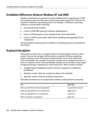Installation Differences Between Windows NT and UNIX



Installation Differences Between Windows NT and UNIX
                    Database administrators experienced with installing Oracle components in UNIX
                    environments must note that many manual setup tasks required on UNIX are not
                    required on Windows operating systems. For example, on Windows operating
                    systems, you do not need to manually:
                    s       Set environmental variables
                    s       Create a UNIX DBA group for database administrators
                    s       Create a UNIX group for users running Oracle Universal Installer
                    s       Create a UNIX account solely dedicated to installing and upgrading Oracle
                            components
                    All preinstallation tasks required on Windows operating systems are described in
                    this chapter.


Keyboard Navigation
                    This guide describes how to navigate Oracle Universal Installer windows with a
                    mouse. You can also navigate with keyboard commands. Windows operating
                    systems include a series of keyboard commands that can be used with Oracle
                    Universal Installer. For example, the tab key enables you to navigate from item to
                    item in a window. Oracle Universal Installer includes several windows that require
                    navigation through components in a hierarchical tree. These windows include:
                    s       Available Product Components window (lists the components available for
                            installation)
                    s       Summary window (lists the components about to be installed)
                    s       Inventory window (lists the installed components)
                    This table describes how to navigate these windows with keyboard commands:

                    To...                                                         Use The...
                    Move up and down a list of components                         Up and down arrows
                    Open an expandable tree of components                         Right arrow
                    Close an expanded tree of components                          Left arrow
                    Select or deselect a component                                Space bar




5-2   Oracle8i Client Installation Guide for Windows
 