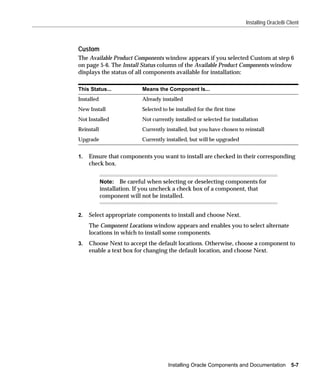 Installing Oracle8i Client



Custom
The Available Product Components window appears if you selected Custom at step 6
on page 5-6. The Install Status column of the Available Product Components window
displays the status of all components available for installation:

This Status...              Means the Component Is...
Installed                   Already installed
New Install                 Selected to be installed for the first time
Not Installed               Not currently installed or selected for installation
Reinstall                   Currently installed, but you have chosen to reinstall
Upgrade                     Currently installed, but will be upgraded


1.   Ensure that components you want to install are checked in their corresponding
     check box.


            Note: Be careful when selecting or deselecting components for
            installation. If you uncheck a check box of a component, that
            component will not be installed.


2.   Select appropriate components to install and choose Next.
     The Component Locations window appears and enables you to select alternate
     locations in which to install some components.
3.   Choose Next to accept the default locations. Otherwise, choose a component to
     enable a text box for changing the default location, and choose Next.




                                       Installing Oracle Components and Documentation           5-7
 