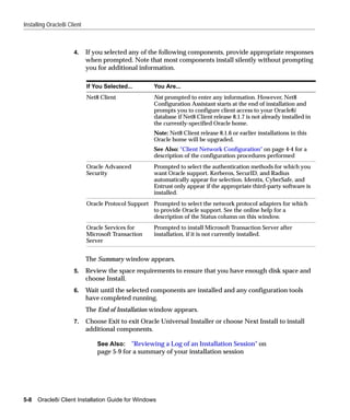 Installing Oracle8i Client



                      4.     If you selected any of the following components, provide appropriate responses
                             when prompted. Note that most components install silently without prompting
                             you for additional information.
                      .




                             If You Selected...       You Are...
                             Net8 Client              Not prompted to enter any information. However, Net8
                                                      Configuration Assistant starts at the end of installation and
                                                      prompts you to configure client access to your Oracle8i
                                                      database if Net8 Client release 8.1.7 is not already installed in
                                                      the currently-specified Oracle home.
                                                      Note: Net8 Client release 8.1.6 or earlier installations in this
                                                      Oracle home will be upgraded.
                                                      See Also: "Client Network Configuration" on page 4-4 for a
                                                      description of the configuration procedures performed
                             Oracle Advanced          Prompted to select the authentication methods for which you
                             Security                 want Oracle support. Kerberos, SecurID, and Radius
                                                      automatically appear for selection. Identix, CyberSafe, and
                                                      Entrust only appear if the appropriate third-party software is
                                                      installed.
                             Oracle Protocol Support Prompted to select the network protocol adapters for which
                                                     to provide Oracle support. See the online help for a
                                                     description of the Status column on this window.
                             Oracle Services for      Prompted to install Microsoft Transaction Server after
                             Microsoft Transaction    installation, if it is not currently installed.
                             Server


                             The Summary window appears.
                      5.     Review the space requirements to ensure that you have enough disk space and
                             choose Install.
                      6.     Wait until the selected components are installed and any configuration tools
                             have completed running.
                             The End of Installation window appears.
                      7.     Choose Exit to exit Oracle Universal Installer or choose Next Install to install
                             additional components.

                                 See Also: "Reviewing a Log of an Installation Session" on
                                 page 5-9 for a summary of your installation session




5-8   Oracle8i Client Installation Guide for Windows
 
