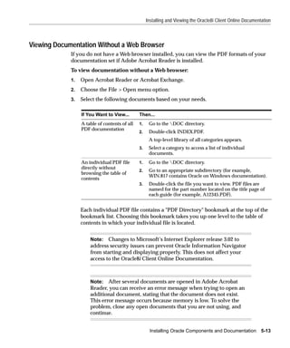 Installing and Viewing the Oracle8i Client Online Documentation



Viewing Documentation Without a Web Browser
             If you do not have a Web browser installed, you can view the PDF formats of your
             documentation set if Adobe Acrobat Reader is installed.
             To view documentation without a Web browser:
             1.   Open Acrobat Reader or Acrobat Exchange.
             2.   Choose the File > Open menu option.
             3.   Select the following documents based on your needs.

                  If You Want to View...       Then...
                  A table of contents of all   1.    Go to the DOC directory.
                  PDF documentation
                                               2.    Double-click INDEX.PDF.
                                                     A top-level library of all categories appears.
                                               3.    Select a category to access a list of individual
                                                     documents.
                  An individual PDF file       1.    Go to the DOC directory.
                  directly without
                                               2.    Go to an appropriate subdirectory (for example,
                  browsing the table of
                                                     WIN.817 contains Oracle on Windows documentation).
                  contents
                                               3.    Double-click the file you want to view. PDF files are
                                                     named for the part number located on the title page of
                                                     each guide (for example, A12345.PDF).


                  Each individual PDF file contains a "PDF Directory" bookmark at the top of the
                  bookmark list. Choosing this bookmark takes you up one level to the table of
                  contents in which your individual file is located.


                      Note: Changes to Microsoft’s Internet Explorer release 3.02 to
                      address security issues can prevent Oracle Information Navigator
                      from starting and displaying properly. This does not affect your
                      access to the Oracle8i Client Online Documentation.



                      Note: After several documents are opened in Adobe Acrobat
                      Reader, you can receive an error message when trying to open an
                      additional document, stating that the document does not exist.
                      This error message occurs because memory is low. To solve the
                      problem, close any open documents that you are not using, and
                      continue.


                                                     Installing Oracle Components and Documentation 5-13
 