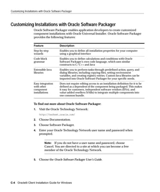 Customizing Installations with Oracle Software Packager



Customizing Installations with Oracle Software Packager
                    Oracle Software Packager enables application developers to create customized
                    component installations with Oracle Universal Installer. Oracle Software Packager
                    provides the following features:

                    Feature                 Description
                    Step-by-step            Enables you to define all installation properties for your computer
                    wizards                 using a graphical interface
                    Code block              Enables you to define calculations and conditions with Oracle
                    grammar                 Software Packager’s own code language, which uses similar
                                            constructs to C/C++ and Java
                    Extensible Java         Enables you to perform tasks through predefined action, query, and
                    libraries               dialog libraries, including copying files, setting environment
                                            variables, and creating registry entries. Custom Java libraries can be
                                            imported into Oracle Software Packager for your specific needs.
                    Easy integration        Does not require editing access to an installation definition for it to be
                    with other              defined as a dependent of the component being packaged. This makes
                    component               it easy for customers, independent software vendors (ISVs), and
                    installations           value-added resellers (VARs) to integrate multiple components into
                                            one common bundle.


                    To find out more about Oracle Software Packager:
                    1.   Visit the Oracle Technology Network:
                         http://technet.oracle.com/
                    2.   Choose Documentation.
                    3.   Choose Software Packager.
                    4.   Enter your Oracle Technology Network user name and password when
                         prompted.


                              Note: If you do not have a user name and password, choose
                              Cancel. You are directed to a site at which you can become a free
                              member of the Oracle Technology Network.


                    5.   Choose the Oracle Software Packager User’s Guide.




C-4 Oracle8i Client Installation Guide for Windows
 