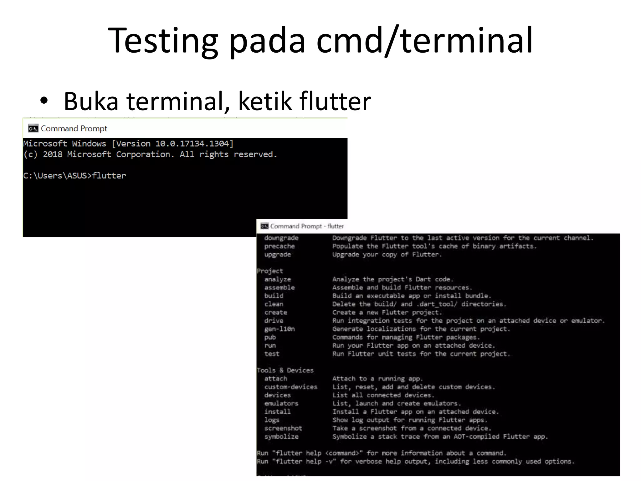 Testing pada cmd/terminal
• Buka terminal, ketik flutter
 