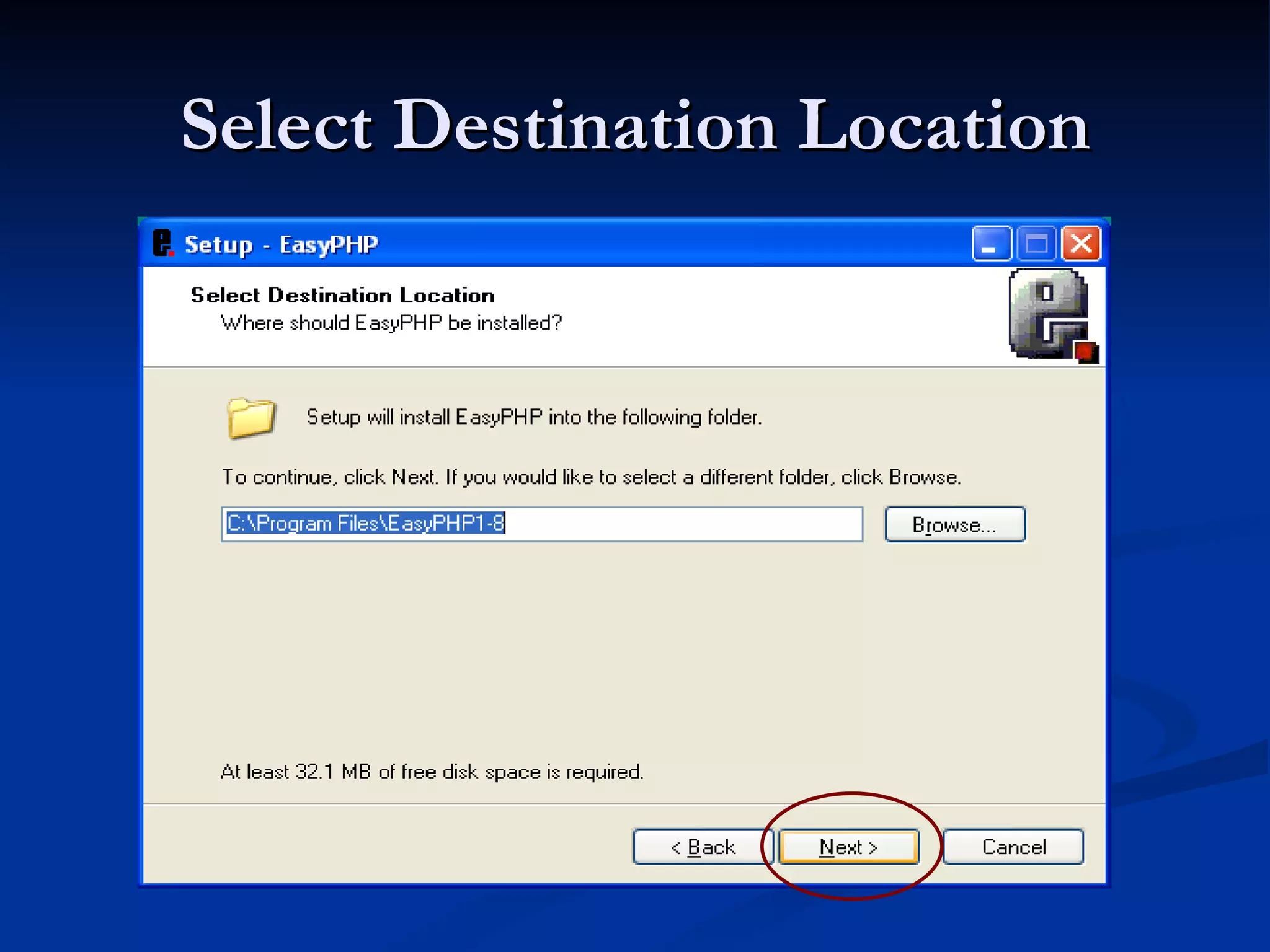 Select Destination Location 