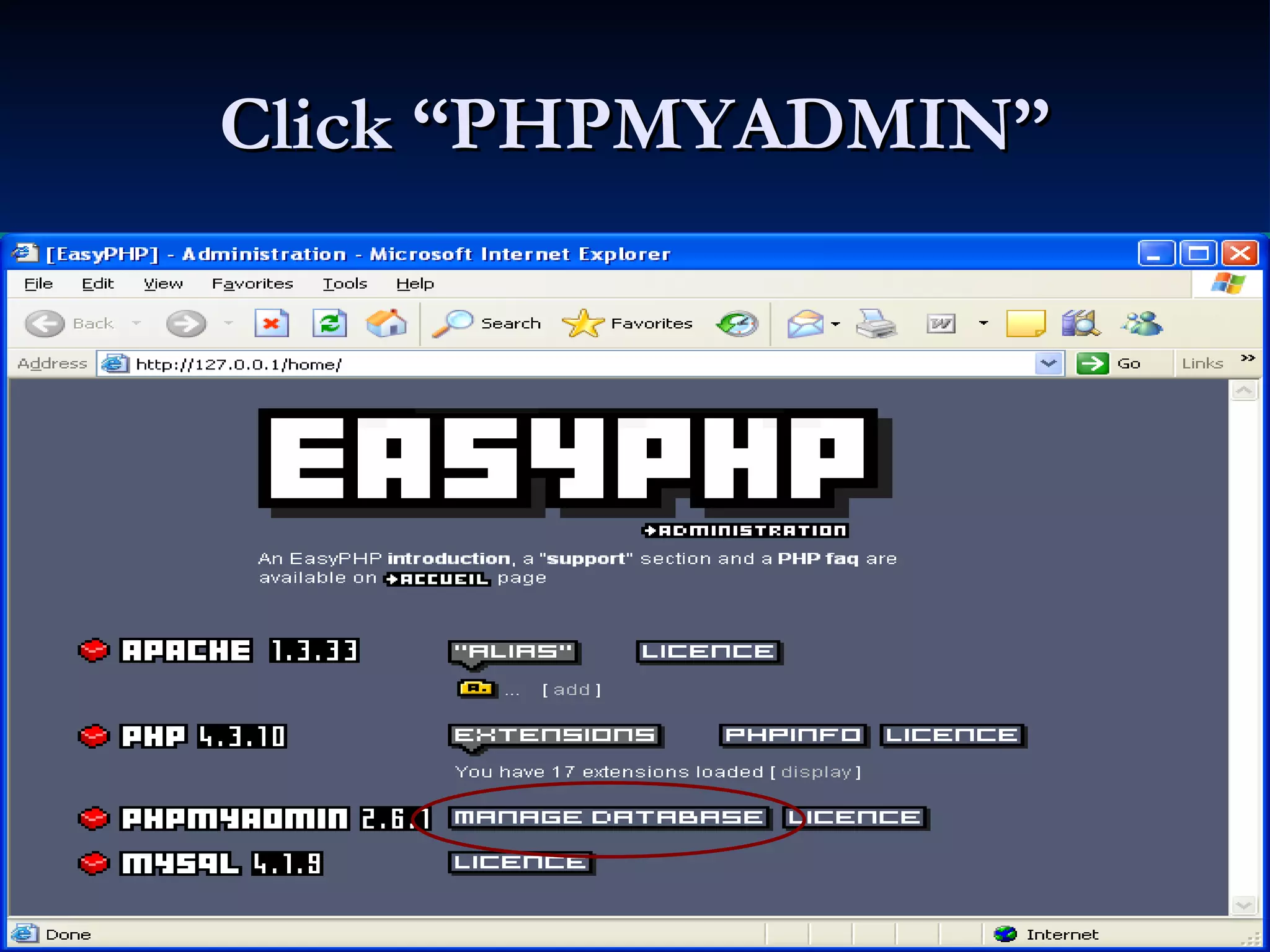 Click “PHPMYADMIN” 