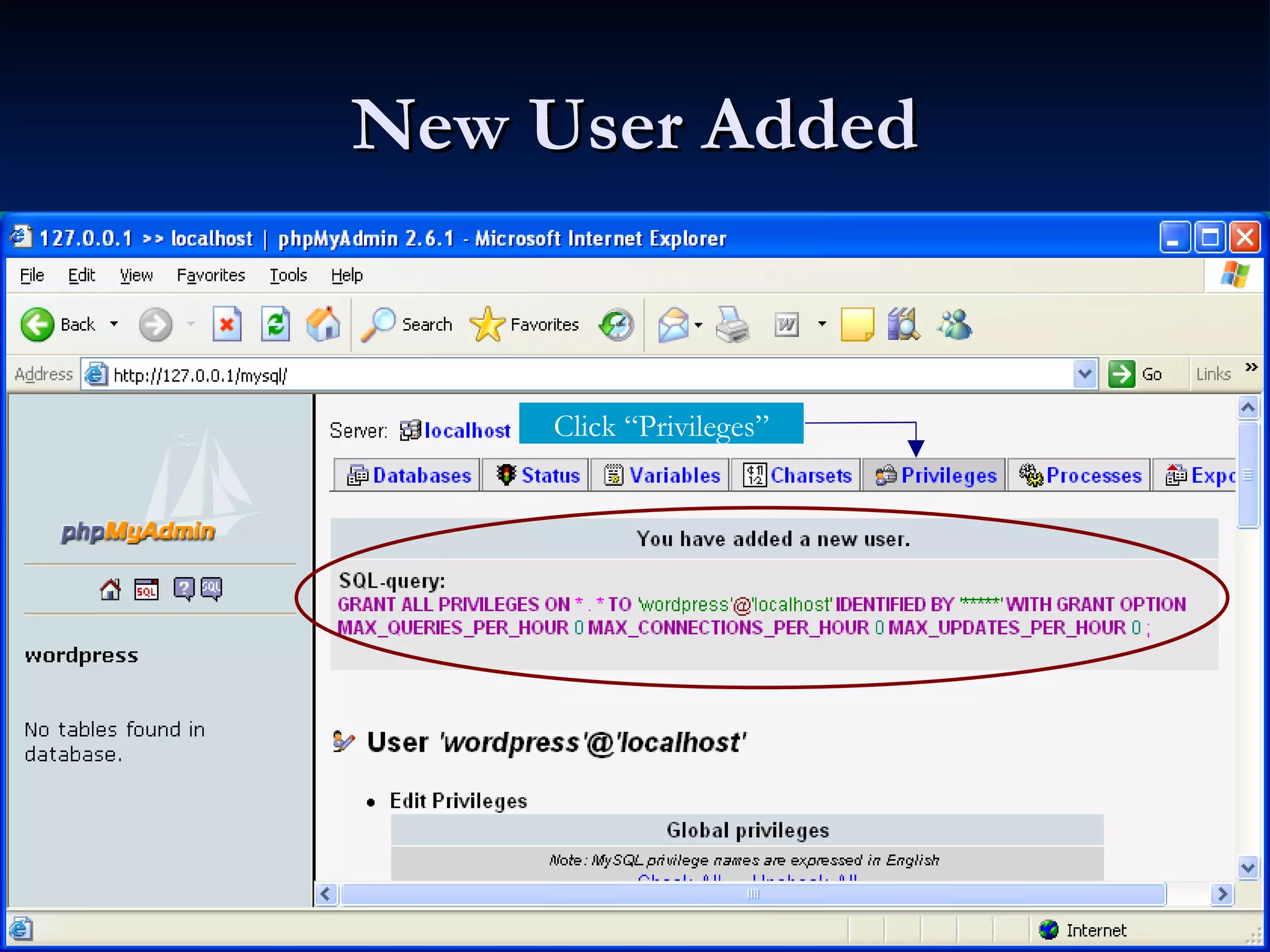 New User Added Click “Privileges” 