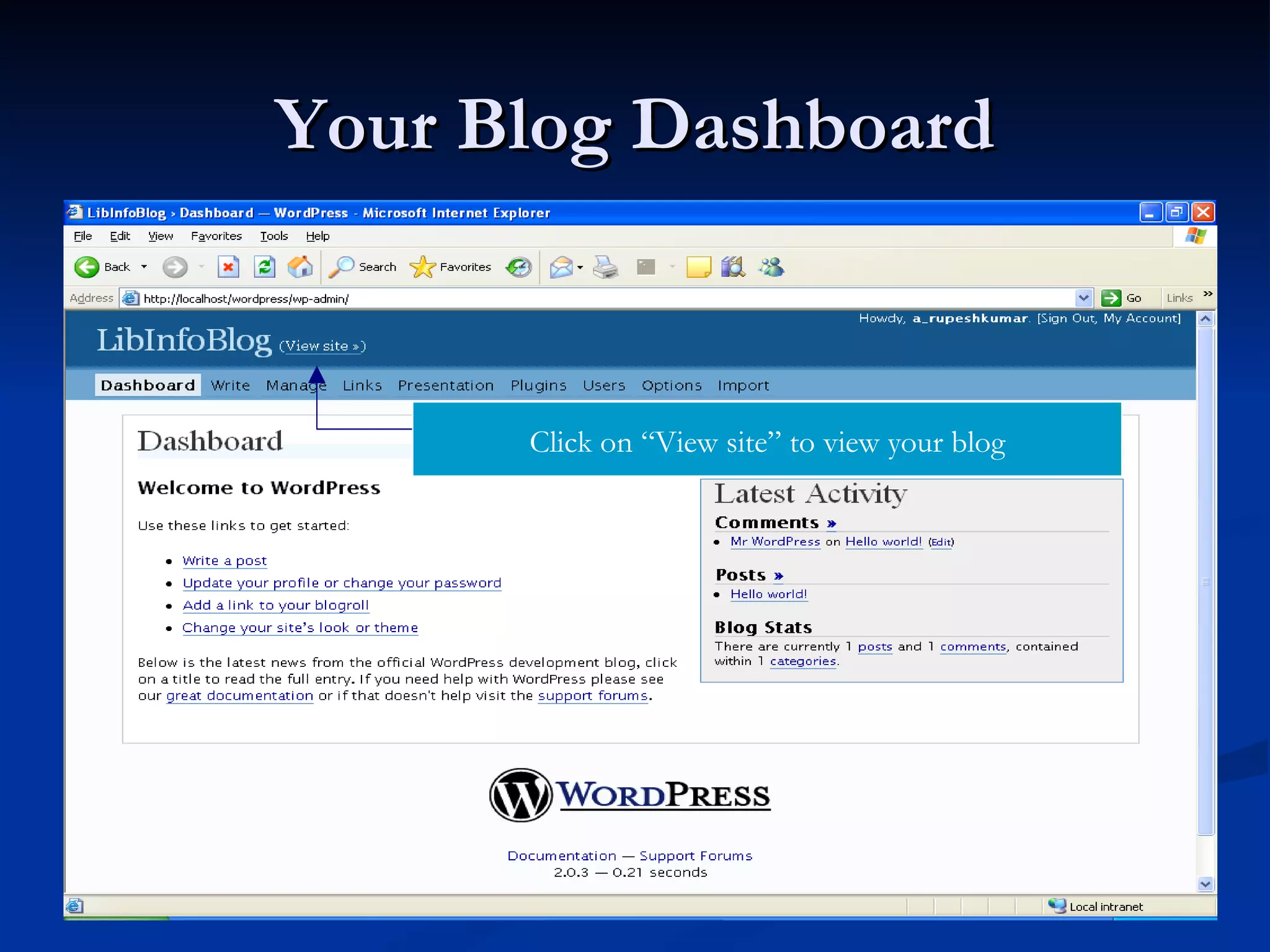 Your Blog Dashboard Click on “View site” to view your blog 