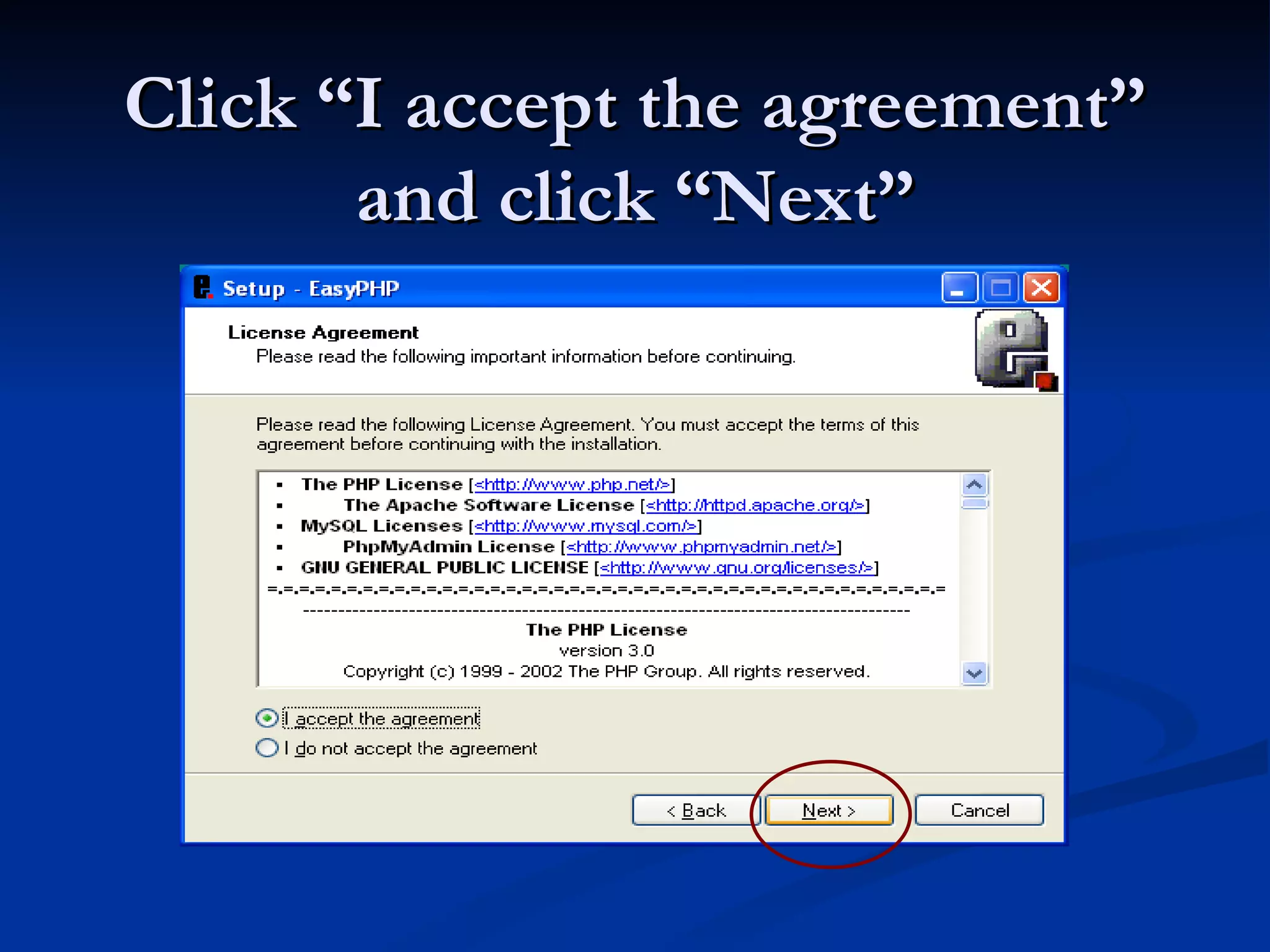 Click “I accept the agreement” and click “Next” 
