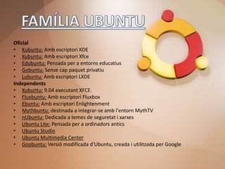 Oficial
• Kubuntu: Amb escriptori KDE
• Xubuntu: Amb escriptori Xfce
• Edubuntu: Pensada per a entorns educatius
• Gobuntu: Sense cap paquet privatiu
• Lubuntu: Amb escriptori LXDE
Independents
• Xubuntu: 9.04 executant XFCE.
• Fluxbuntu: Amb escriptori Fluxbox
• Ebuntu: Amb escriptori Enlightenment
• Mythbuntu: destinada a integrar-se amb l'entorn MythTV
• nUbuntu: Dedicada a temes de seguretat i xarxes
• Ubuntu Lite: Pensada per a ordinadors antics
• Ubuntu Studio
• Ubuntu Multimedia Center
• Goobuntu: Versió modificada d'Ubuntu, creada i utilitzada per Google
 