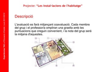 Experiències TAC  a l'Educació d'Adults | curs 2011/2012 Descripció  L'avaluació es farà mitjançant coavaluació. Cada membre del grup i el professor/a ompliran una graella amb les puntuacions que creguin convenient, i la nota del grup serà la mitjana d'aquestes . Projecte: “ Les instal·lacions de l'habitatge ” 