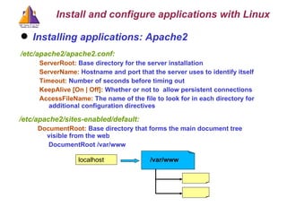 Installing applications: Apache2 /etc/apache2/apache2.conf: ServerRoot:   Base directory for the server installation   ServerName:  Hostname and port that the server uses to identify itself   Timeout:  Number of seconds before timing out KeepAlive [On | Off]:  Whether or not to  allow persistent connections AccessFileName:  The name of the file to look for in each directory for additional configuration directives /etc/apache2/sites-enabled/default: DocumentRoot:  Base d irectory that forms the main document tree visible from the web  DocumentRoot /var/www localhost /var/www Install and configure applications with Linux 