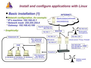 Basic installation (1) ‏ Network configuration. An exemple: * IP’s machine: 192.168.43.1 * Network mask: 255.255.255.0 * Gateway: 192.168.43.100 Graphically:   INTERNET : depinfo.ieseljust.net/moodle www.ieseljust.net   www.ieseljust.org HUB IP: 192.168.43.3 IP: 192.168.43.1 IP: 192.168.43.2 Eth0: Departament 192.168.0.43 Gateway: 192.168.0.254 Classroom 43  192.168.0.254 213.162.200.237 195.235.113.3 192.168.1.254 Lliurex server / Proxy / Firewall 192.168.16.N Acces point: Conceptronic Outdoor aerial: Airpoint DNS  Eth1: Classroom 192.168.43.100 Gateway : 192.168.0.43 Firewall.sh Gateway: 192.168.43.100 Install and configure applications with Linux ROUTER  192.168.1.1 Depinfo.ieseljust.net 88.2.154.110 192.168.0.21 192.168.1.21 Web server 