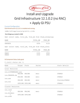 Install and Upgrade
Grid Infrastructure 12.1.0.2 (no RAC)
+ Apply GI PSU
Current Configuration
Grid Infrastructure 12.1.0.1 is installed and running:
+ASM:/u03/app/oracle/grid/12.1.0:N:
One Diskgroup created in ASM
SQL> select name, total_mb, free_mb from v$asm_diskgroup;
NAME TOTAL_MB FREE_MB
------------------------------ ---------- ----------
ORADATA 4204 4118
SQL> select name, total_mb, free_mb from v$asm_disk;
NAME TOTAL_MB FREE_MB
------------------------------ ---------- ----------
ORAD1 2102 2058
ORAD2 2102 2060
GI Component Status looks good
$ crsctl status res -t
--------------------------------------------------------------------------------
Name Target State Server State details
--------------------------------------------------------------------------------
Local Resources
--------------------------------------------------------------------------------
ora.LISTENERASM.lsnr
ONLINE ONLINE emcc STABLE
ora.ORADATA.dg
ONLINE ONLINE emcc STABLE
ora.asm
ONLINE ONLINE emcc Started,STABLE
ora.ons
OFFLINE OFFLINE emcc STABLE
--------------------------------------------------------------------------------
Cluster Resources
--------------------------------------------------------------------------------
ora.cssd
1 ONLINE ONLINE emcc STABLE
ora.diskmon
1 OFFLINE OFFLINE STABLE
ora.evmd
 