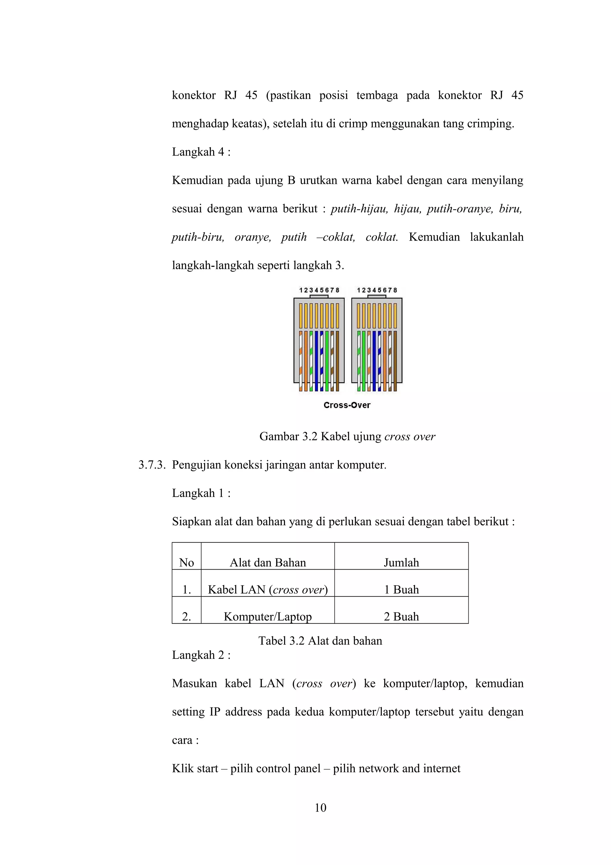 konektor RJ 45 (pastikan posisi tembaga pada konektor RJ 45
menghadap keatas), setelah itu di crimp menggunakan tang crimping.
Langkah 4 :
Kemudian pada ujung B urutkan warna kabel dengan cara menyilang
sesuai dengan warna berikut : putih-hijau, hijau, putih-oranye, biru,
putih-biru, oranye, putih –coklat, coklat. Kemudian lakukanlah
langkah-langkah seperti langkah 3.
Gambar 3.2 Kabel ujung cross over
3.7.3. Pengujian koneksi jaringan antar komputer.
Langkah 1 :
Siapkan alat dan bahan yang di perlukan sesuai dengan tabel berikut :
No Alat dan Bahan Jumlah
1. Kabel LAN (cross over) 1 Buah
2. Komputer/Laptop 2 Buah
Tabel 3.2 Alat dan bahan
Langkah 2 :
Masukan kabel LAN (cross over) ke komputer/laptop, kemudian
setting IP address pada kedua komputer/laptop tersebut yaitu dengan
cara :
Klik start – pilih control panel – pilih network and internet
10
 