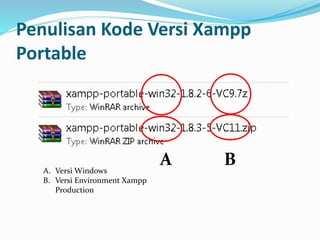 Penulisan Kode Versi Xampp
Portable
A. Versi Windows
B. Versi Environment Xampp
Production
A B
 