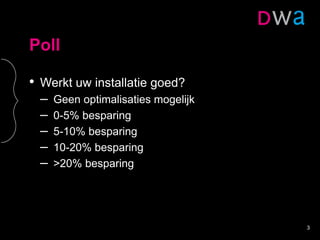 Poll
3
• Werkt uw installatie goed?
– Geen optimalisaties mogelijk
– 0-5% besparing
– 5-10% besparing
– 10-20% besparing
– >20% besparing
 